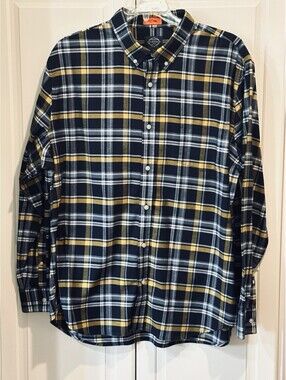 St John’s Bay Men’s Button-Down Navy Blue, Yellow, White Plaid Shirt Size XXL